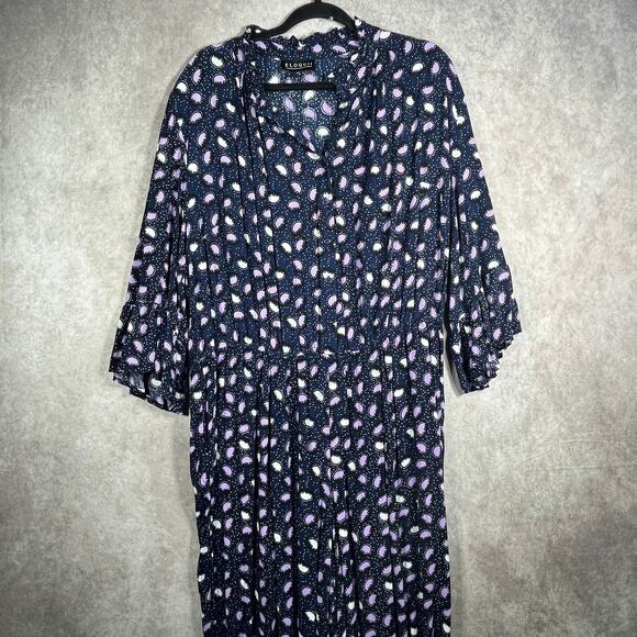 Eloquii Jumpsuit Women 18 Purple Paisley Button Front Long Sleeve Ruffle Stretch - Picture 1 of 12